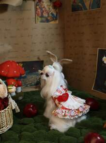 1pc Handmade Pet Dress, Strawberry Skirt & Backpack - Comfortable Fabric - Red and White - View 4