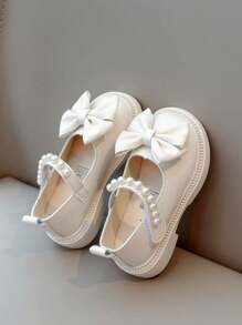 1 Pair New Girls Pearl & Butterfly Decor Hook And Loop Single Layer PU Leather Casual Shoes