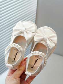 1 Pair New Girls Pearl & Butterfly Decor Hook And Loop Single Layer PU Leather Casual Shoes