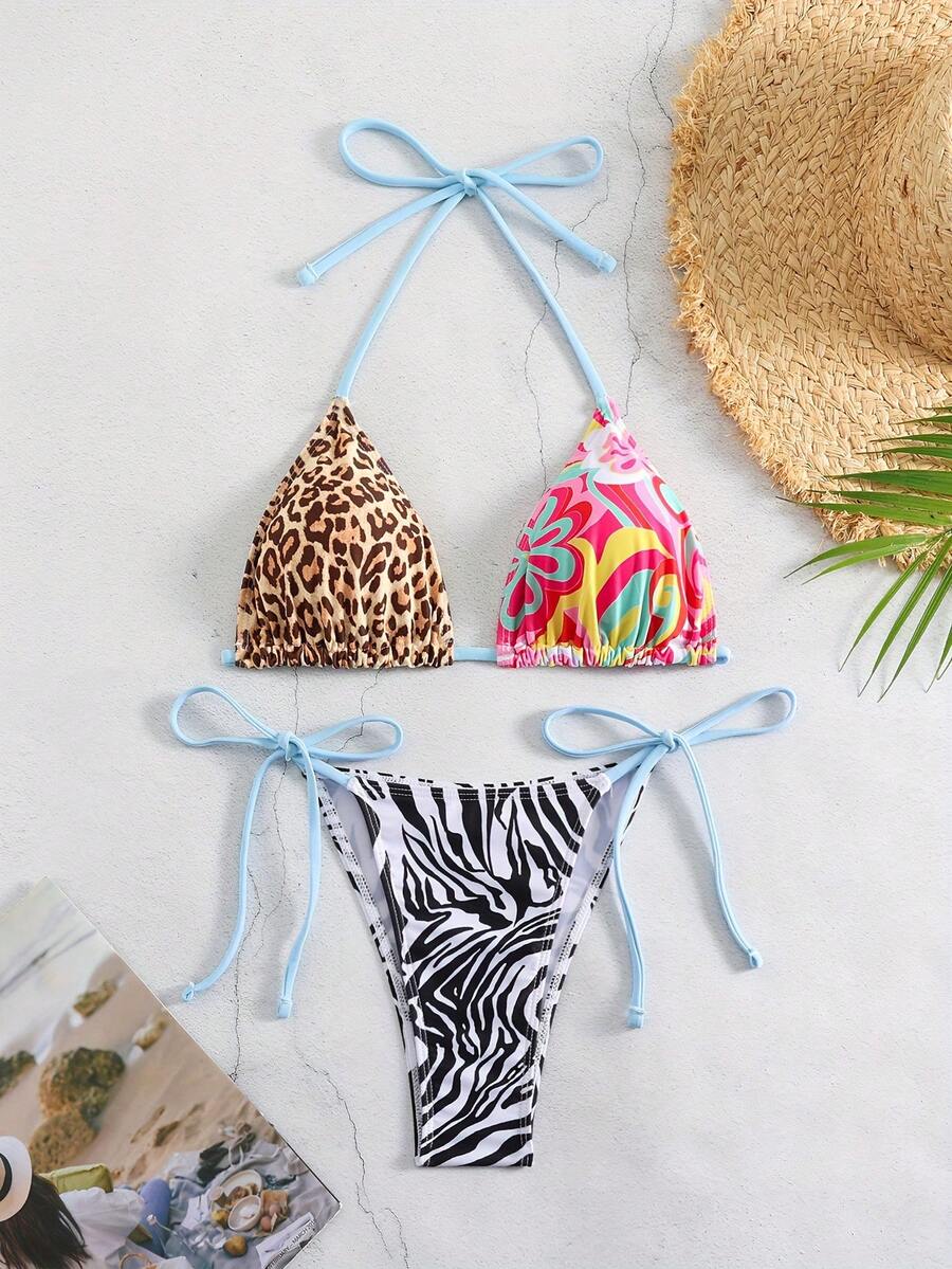 2pcs Women's Solid Color Splice Bikini Top And Bottom Swimwear Set, Sexy - Multicolor - View 1