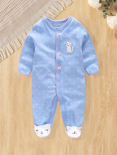 Newborn Infants Cute Embroidery Footie Romper, Spring & Autumn