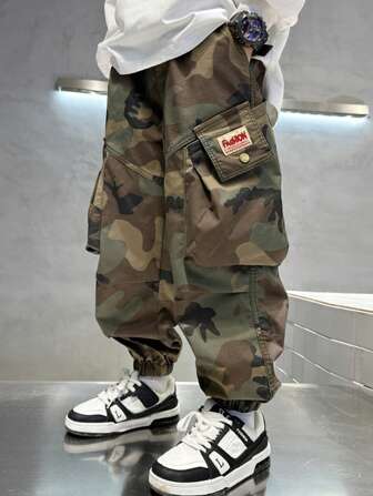 Tween Boy Camouflage Cargo Pants, Teenagers Flap Pocket Cargo Pants, Autumn Youth Sports Jogger Trousers