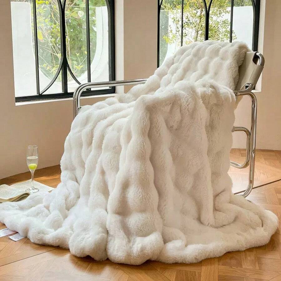 1pc Luxury Plush Rabbit Fur Blanket, Thick Milk Fleece, For Winter