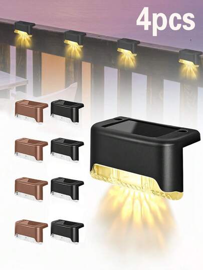 4pcs Solar Step Lights, Solar Fence Lights, Solar Seven Character Lights, Solar Railing Lights, Solar Deck Lights, IP44 Waterproof Suitable For Courtyard, Garden, Villa, Railing, Swimming Pool, Party, Gathering, Stairs, Steps, Holidays And Other Atmosphere Decoration Lights, Brown And Black Shells, Warm Light And White Light, Multiple Choices., Solar Lights Outdoor