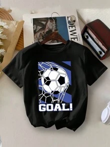 Camiseta Gola Careca com Estampa de Letra de Futebol Casual para Menino, Verão - Preto - Visão 1