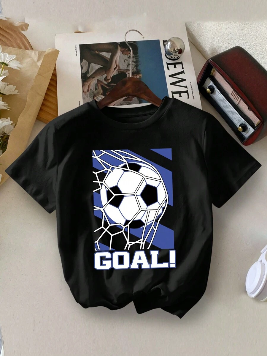 Camiseta Gola Careca com Estampa de Letra de Futebol Casual para Menino, Verão - Preto - Visão 1