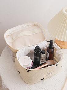 Women's Bow Embroidered And Quilted Makeup Bag Sets, Cute Macaron Color Large Capacity Cosmetic Bag, Lightweight Fluffy Filling Toiletries Bag For Travel Storage,Daily Use. For School Cosmetic Bag Back To School Supplies Cosmetic Storage School Stuff Bag Organizer Room Stuff Travel Essentials Make Up Bag Holiday Essentials Makeup Bags Makeup Pouch Makeup Organizer Holiday Winter Make Up Organizer Makeup Storage Valentines - Beige - View 5