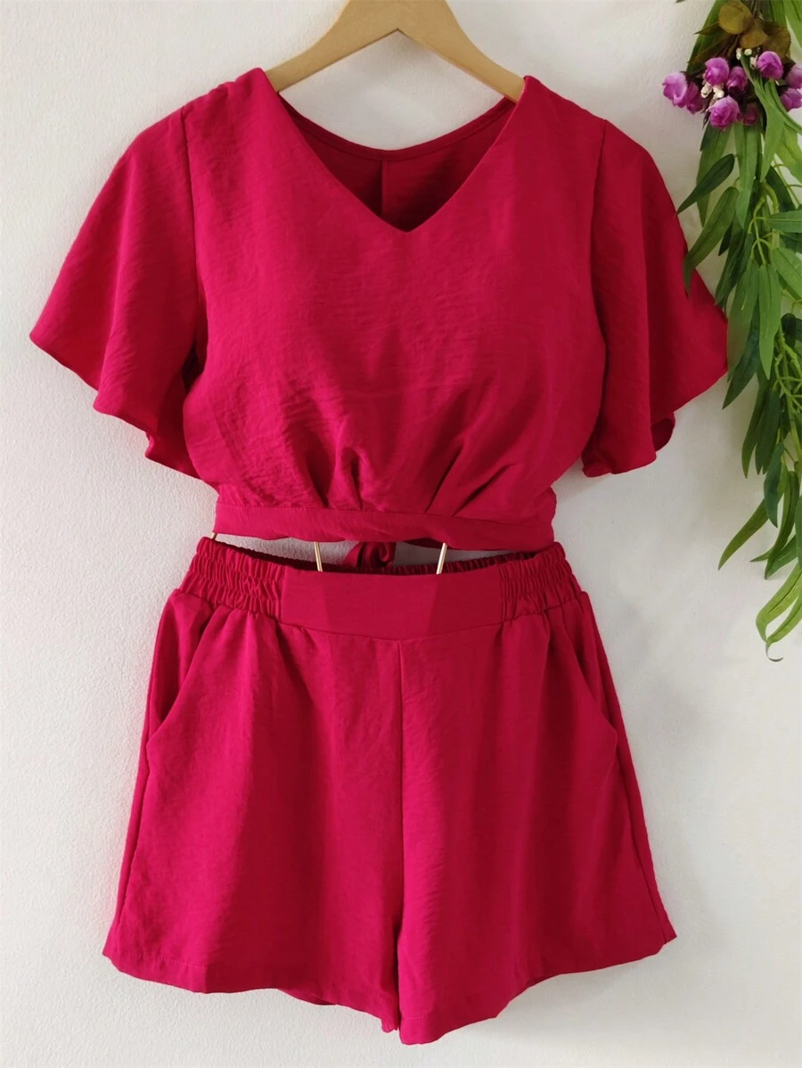 Blouse And Shorts With Feminine Set - 紅色 - 查看 1