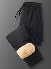 男士保暖保暖冬季徒步雪裤，户外防水裤，适合露营、滑雪、徒步、钓鱼，抓绒材质 - 黑色 - 查看 2