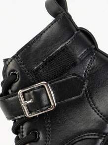 1 Pair Kids Hook And Loop Closure Round Toe Mid-Calf Platform Boots, Suitable For 4-15 Years Old, Fashionable And Comfortable For Outdoor, Casual, Festivals And All Seasons