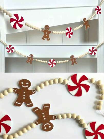 1 pieza Decoración de abalorios de pan de jengibre con madera y fieltro para interiores/exteriores, guirnalda de abalorios de caramelo para decoración navideña de granja, decoración navideña para chimenea, pared