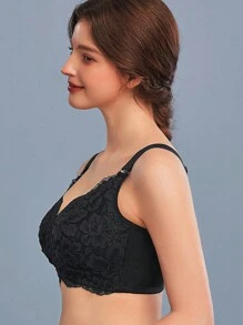 女士舒适法式浪漫蕾丝内衣，轻薄面料，提升支撑，无钢圈可调节文胸 - 黑色 - 查看 3