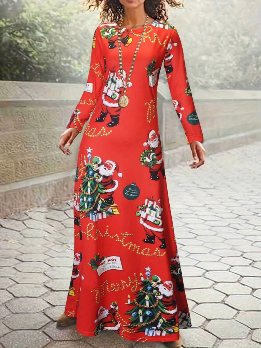 Đầm dài tay cổ tròn in hình ông già Noel thường ngày - Đỏ - Xem 1