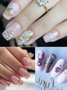 2 Sheets 3D Reflective Nail Stickers Gold Glitter Snowflakes Christmas Decoration Lanterns Sliders Snow Tree Decals Stripe Lines