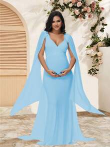 Maternity Chiffon Flowy Sleeve Dress With Trailing Hem, Suitable For Baby Shower And Maternity Photoshoot - Baby Blue - View 3