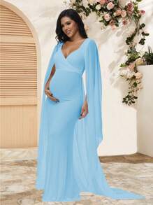 Maternity Chiffon Flowy Sleeve Dress With Trailing Hem, Suitable For Baby Shower And Maternity Photoshoot - Baby Blue - View 1