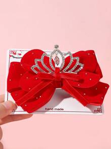 1 pieza Pasador de pelo con corona de rhinestone y lazo para niñas, adecuado para fiestas, uso diario, regalo