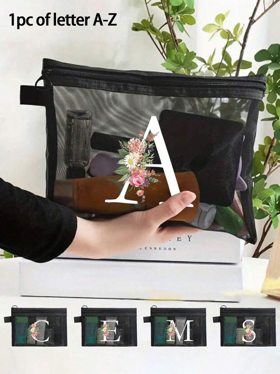 1 túi lưới màu đen, túi đựng mỹ phẩm lưới trong suốt in hoa trắng chữ A-Z, túi du lịch đa năng, túi đựng son môi, sản phẩm chăm sóc da, túi đựng đồ trang điểm, túi đựng văn phòng phẩm cho học sinh, túi lưới có khóa kéo, túi đựng mỹ phẩm du lịch, đơn giản và cao cấp, túi đựng trang sức, thích hợp cho chỗ ở, du lịch, công tác, bơi lội, lưu trữ tại nhà. - màu đen - Xem 1
