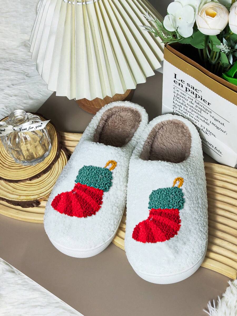 圣诞节新品毛绒圣诞老人，圣诞树，雪人，长袜，姜饼人，驯鹿，树顶星星，雪花保暖内衬厚拖鞋，情侣室内厚底保暖布艺拖鞋，秋冬 - 襪子 - 查看 1