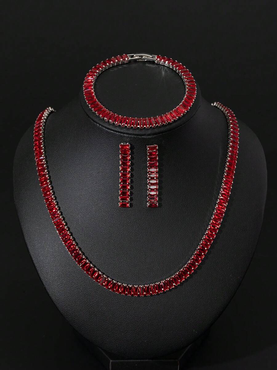 3pcs/Set Cubic Zirconia Studded Red Necklace, Bracelet, And Earrings Set, Suitable For Women Daily Wear Or Party, Gifting - Red - View 1