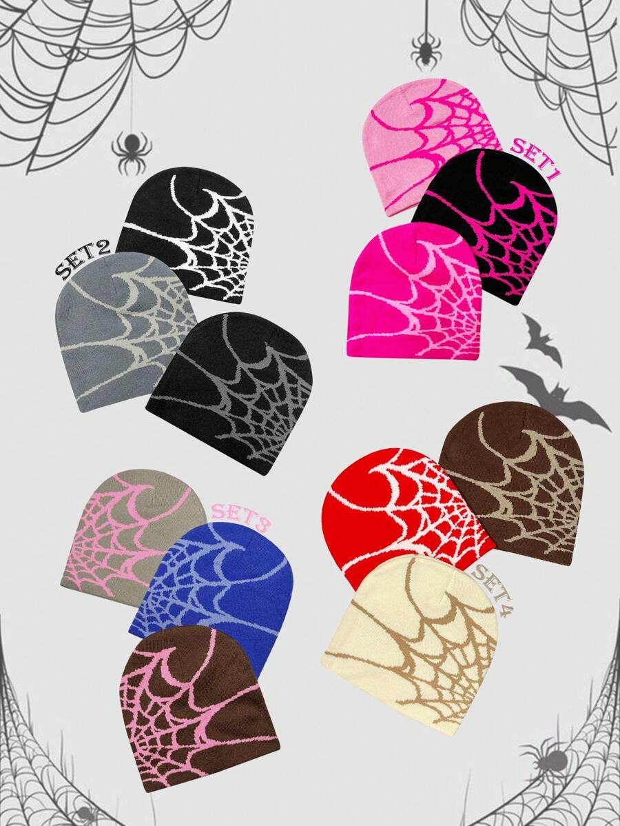 3pcs/Set Casual Spider Web Acrylic Colorblock Knit Beanies For Daily Wear Skull Skeleton