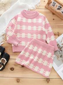 Young Girl's Casual Plaid Striped Sweater And Skirt Set, Autumn Winter - Pink - View 1