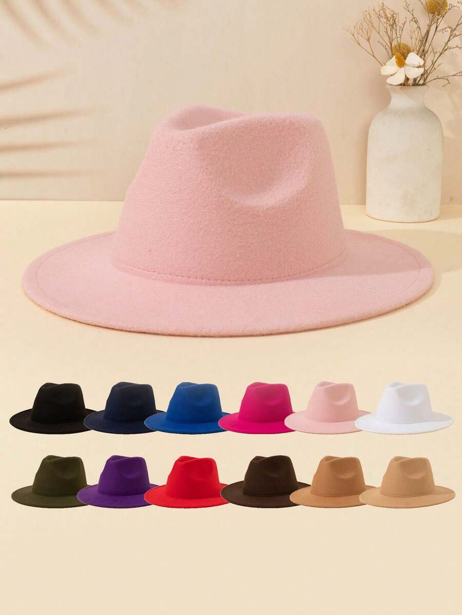 1 件男女通用彩色平边毡帽，复古时尚多巴胺毡帽，软呢帽适合日常佩戴、儿童派对、户外活动和度假 - 純色光板氈帽 - 查看 1