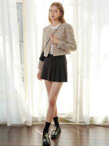 Women Round Neck Single-Breasted Long Sleeve Coat, Autumn/Winter - Pink - View 3