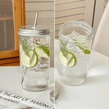 1PC,Large-Capacity Heat-Resistant Clear Glass Cup With Lid And Straw Boba Milk Tea Glasses Coffee Mug Juice Cold Drink Cup