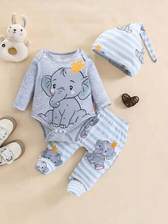 3pcs/Set Newborn Baby Boy Clothes Set, Elephant Print Romper, Blue Striped Pants, Creative Pointy Hat, Autumn/Winter Gift For Kids