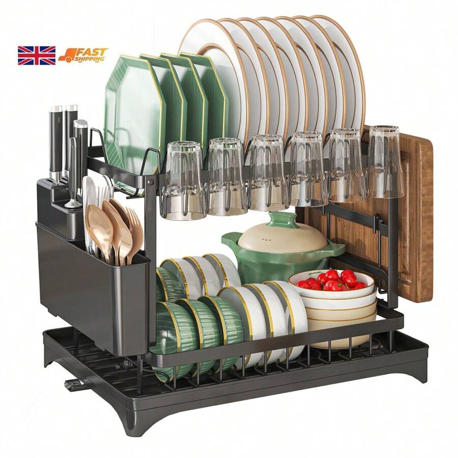 2 Tier Sink Dish Drainer Rack With Drip Tray Plate Rack Cutlery Holder For Kitchen - Black - Black - View 1