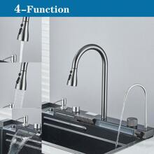 Gray Flying Rain Stainles Steel Waterfall Body Kitchen Sink With Pull Down Faucet Digital Display Large Single Bowl Dish Basin Above Counter Set With Pure Faucet,Soap Dispenser,Plastic Cutting Board And Cup Washer - Súng xám - Xem 4