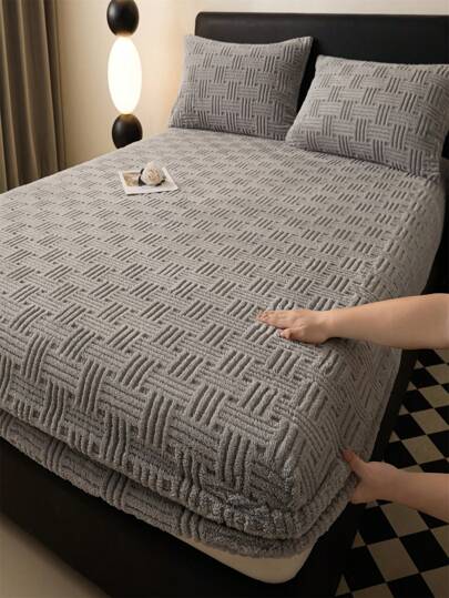 1 件柔软厚羊毛床笠，灰色，防污，带深口袋，透气舒适，适用于卧室、客房、宿舍和酒店 - 涤纶