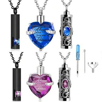 3 件装骨灰盒项链 骨灰纪念品 火葬珠宝 垂直条形锆石水晶骨灰盒项链 骨灰盒不锈钢纪念吊坠 适合男女亲人