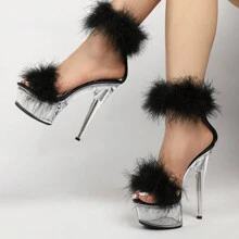 Women New Sexy Nightclub Party Hairy Fashion Transparent Fairy High Heel Sandals 15cm Heel 4.5cm Platform - 黑色 - 查看 2