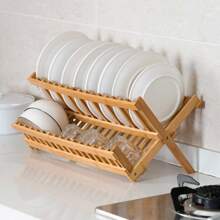 1pc Bamboo 2-Tier Dish Drying Rack, Collapsible Kitchen Utensil Storage Holder