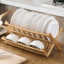 1pc Bamboo 2-Tier Dish Drying Rack, Collapsible Kitchen Utensil Storage Holder