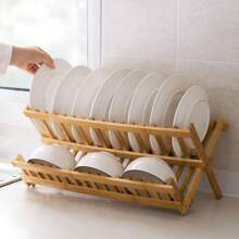 1pc Bamboo 2-Tier Dish Drying Rack, Collapsible Kitchen Utensil Storage Holder