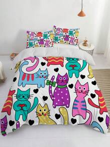 3 Stücke süßes Cartoon Katze Bettwäsche Set, weich und gemütlich für Schlafzimmer und Gästezimmer - beinhaltet 1 Bettbezug und 2 Kissenbezüge (ohne Füllung) - Verschiedenfarbig - Übersicht 1