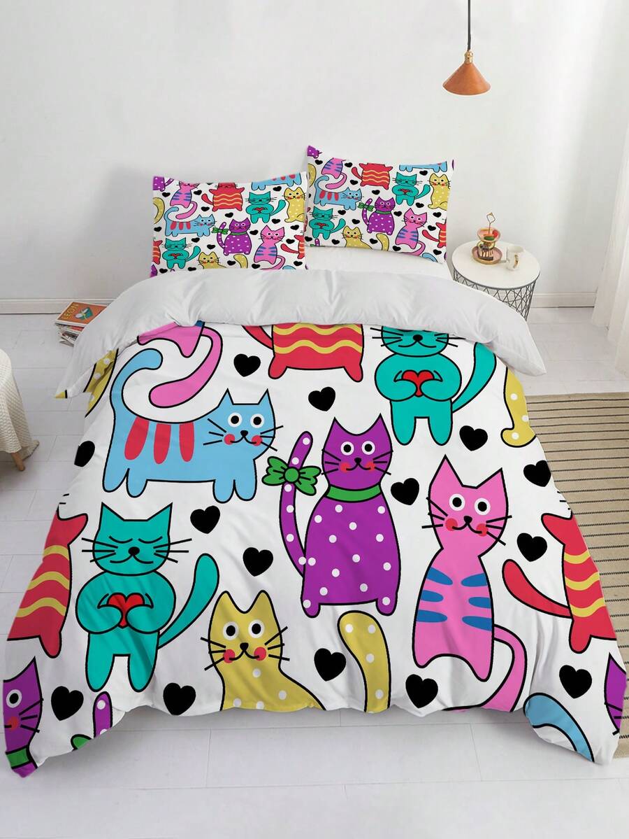 3 Stücke süßes Cartoon Katze Bettwäsche Set, weich und gemütlich für Schlafzimmer und Gästezimmer - beinhaltet 1 Bettbezug und 2 Kissenbezüge (ohne Füllung) - Verschiedenfarbig - Übersicht 1