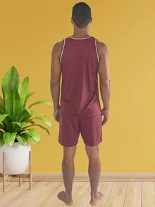 2 Piece Adult Pajama Kit Closed Men's Plus Size Tank Top - 酒紅色 - 查看 7