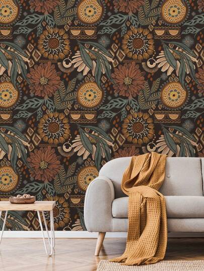 17.7in*78.7in*1pc/17.7in*118.1in*1pc Brown And Yellow Whimsical Floral Wallpaper, Hand Painted Floral Bohemian Design Peel And Stick Wallpaper, Home Decor Vintage Waterproof Removable Wall Sticker,Renovation Stickers Peel Wall Panels,Wall Paper, Wallpapers,Spring Decoration Items Refresh Your Home,Rama Decoration Stickers