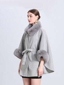 1pc Women's Elegant Knitted Shawl & Cape Coat With Collar & Belt, Suitable For Spring, Summer, Autumn, And Winter - Light Grey - View 12