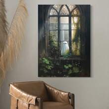 1pc Framed Vintage Ghost Canvas Wall Art Ghost Outside Looking In Cute Yet Spooky Aesthetic Poster Gothic Wall Art Spooky Halloween Decorations Gift For Halloween Lover Preppy Halloween Horror Wall Decor For Dorm Bedroom