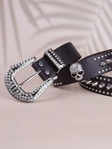 Thắt lưng cao bồi đính đá đầu lâu Punk trang trí Halloween, thắt lưng hợp kim kẽm phong cách đường phố thời trang Unisex cho quần jean, bốn mùa - màu nâu - Xem 3