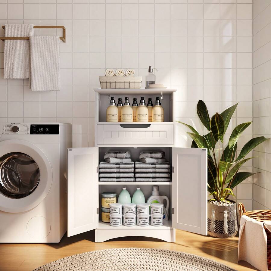 Bathroom Cabinet, Storage Cabinet Bathroom Cabinet With Large Drawers, 2 Doors, With Adjustable Shelves, For Bathroom, Living Room And Bedroom, With Tilting Function - trắng - Xem 1