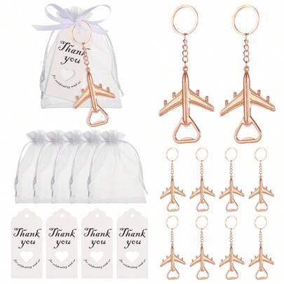 10 Stück Flugzeug-förmige Flaschenöffner in Roségold/Silber mit Beuteln, Karten, Seilen, geeignet als Geschenk, Andenken, Dekoration, Partyfavors, Küchen- und Barausstattung für Hochzeiten, Braut- oder Geburtstagspartys, Weihnachten