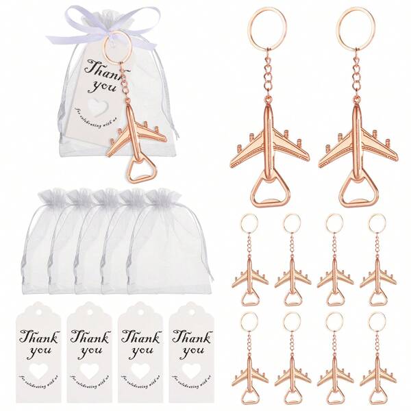 10 abridores de garrafas em formato de avião, em ouro rosé/prata, com bolsas, cartões e cordas, adequados para casamentos, noivados ou festas de aniversário, como presentes, lembranças, decorações, lembrancinhas de festa, utensílios de cozinha e bar, Natal