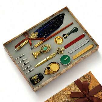 16支欧式羽毛笔套装带墨水英式复古蘸水羽毛笔套装蜡封学生蘸水笔猫头鹰羽毛笔复古蘸水钢笔