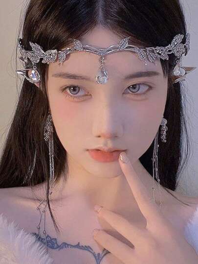 1pc Vintage Unique Fashion Niche Rhinestone Alloy Leaf Teardrop Tiara Headpiece, Adjustable Crown Pendant For Holiday Gala, Wedding Party, Daily Wear, Bridal Party Headpiece, Holiday/Birthday Gift